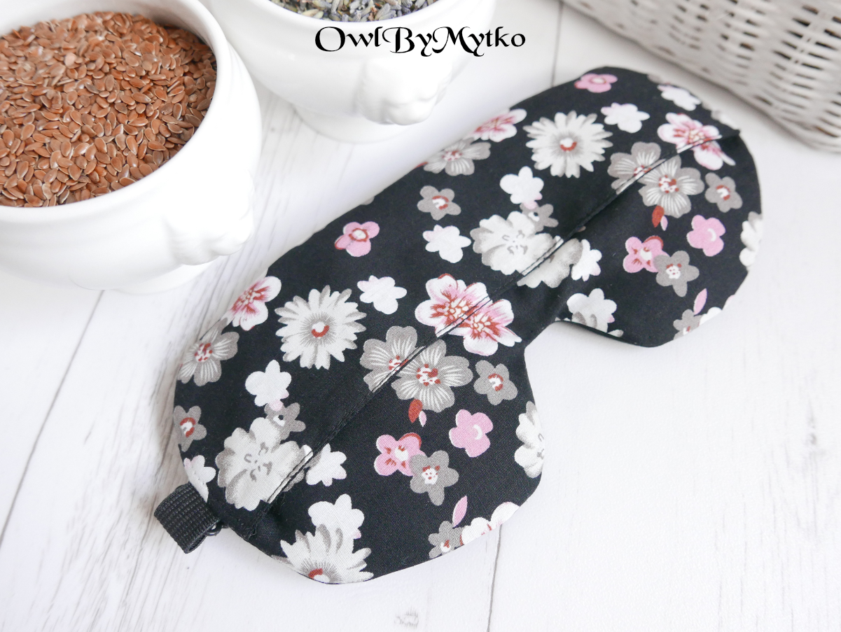 Flowers on Black Weighted Eyepatch – Washable Cover, Adjustable Sleep Mask, Aromatherapy with Lavender & Flaxseed - Image 2