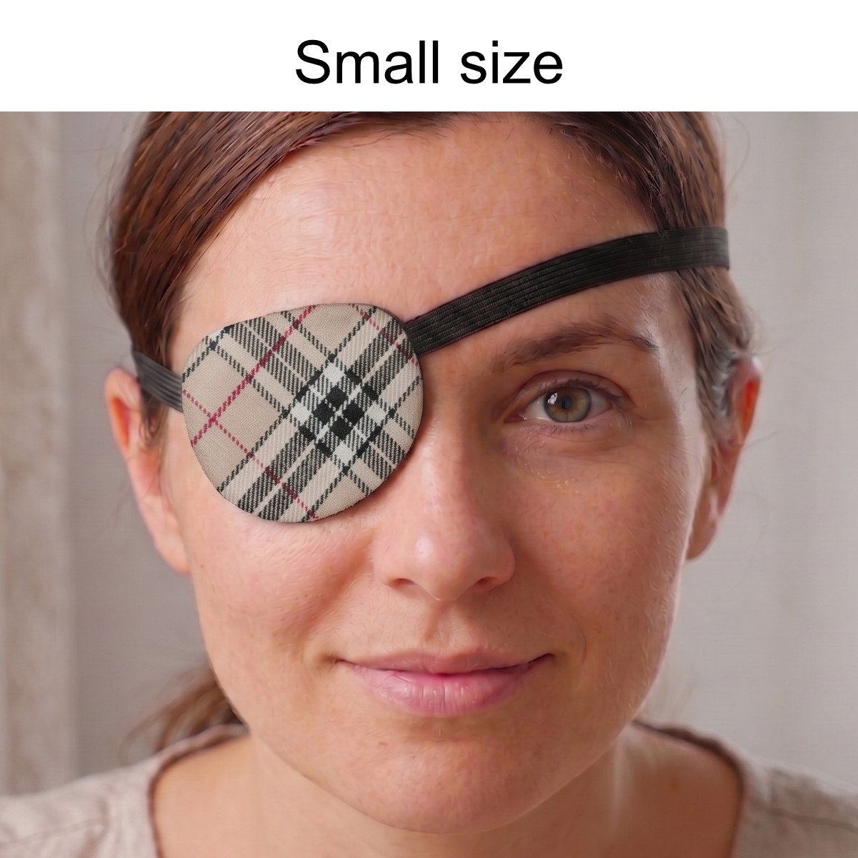 3D Adjustable Cotton Eye Patch | Checkered Beige Design | Amblyopia & Astigmatism Eye Cover - Image 2