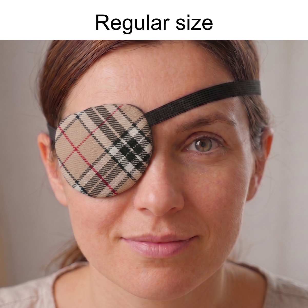 3D Adjustable Cotton Eye Patch | Checkered Beige Design | Amblyopia & Astigmatism Eye Cover - Image 3