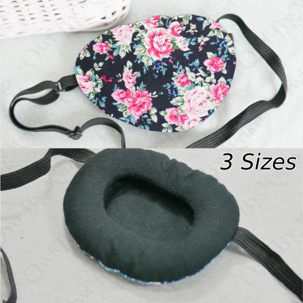 3D Adjustable Cotton Eye Patch Roses on Black Design | Amblyopia & Astigmatism Eye Cover